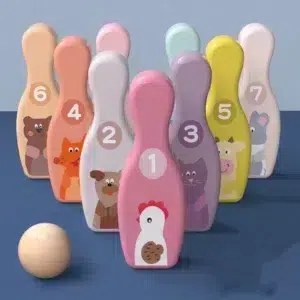 Bowling-Set mit Tiermotiven - farbiger Hintergrund